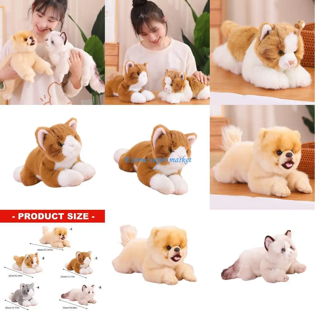 

090B Realistic Dog Cats Plush Stuffed Animal Soft Lying Postures Puppy Companion Gift for Children Room Decoration Comfort Toy
