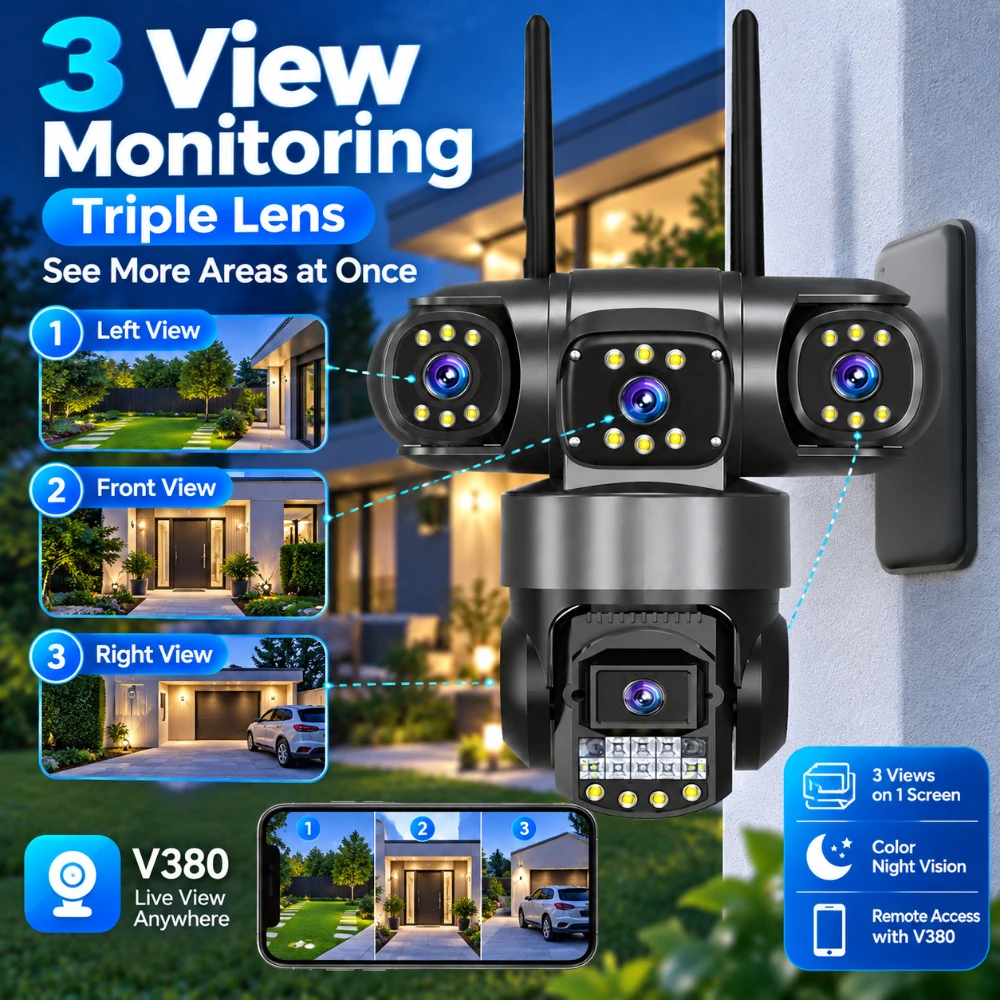 Triple Lens Security Camera Outdoor WiFi HD 6MP PTZ IP66 Waterproof V380 App Color Night Vision Motion Alert Two Way Audio DC12V