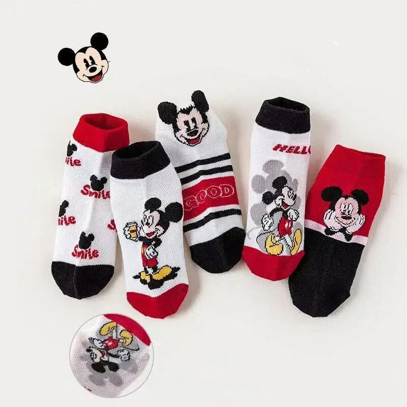 5 Pairs of Girls' Striped Color Block Cartoon Printed Knitted Short Socks Korean Style Breathable Mesh Invisible Ankle Socks