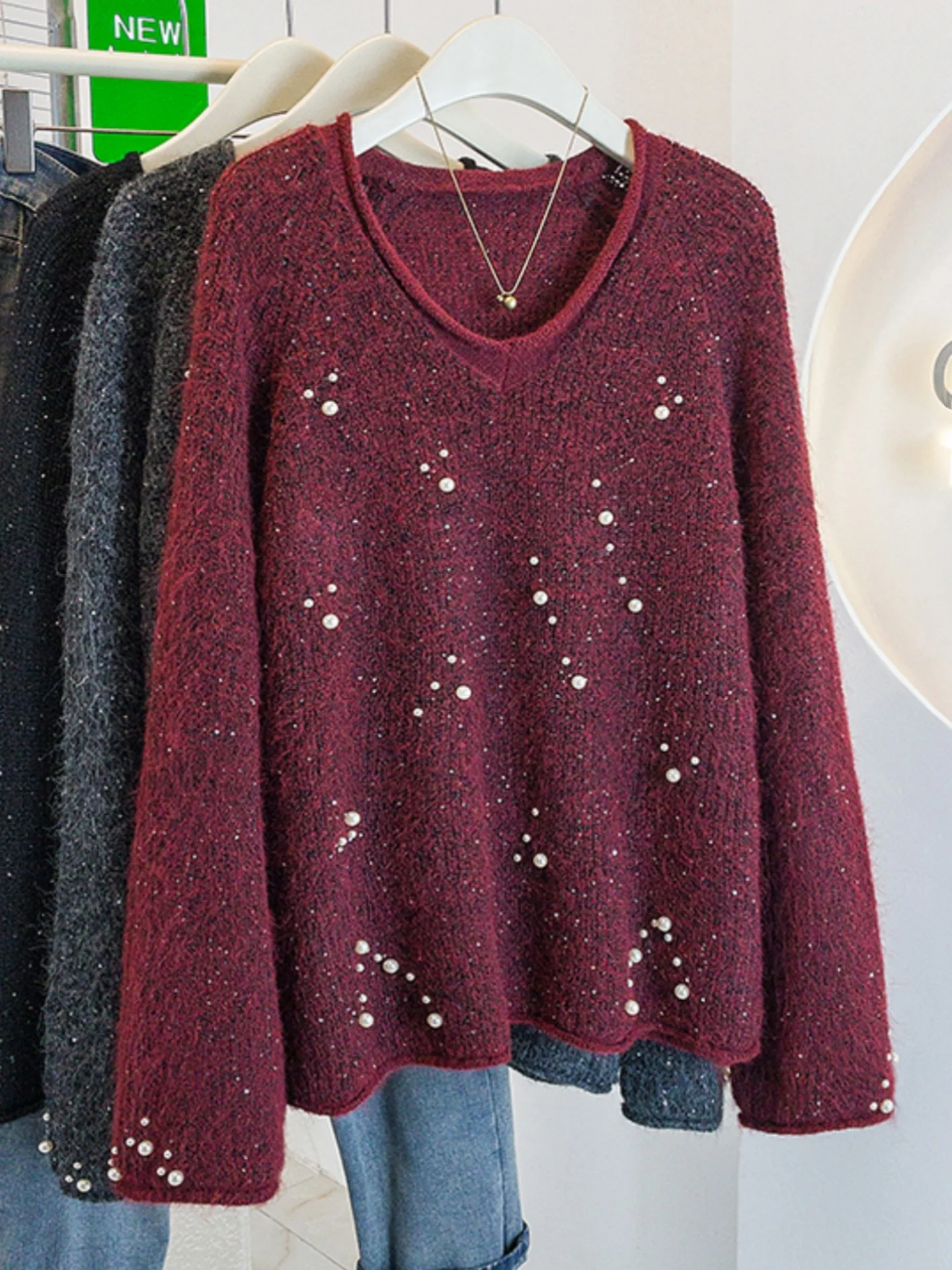Heavy Embellished V-Neck Knitwear Sweater Women's Spring Autumn plus Size Beautiful Shiny Unique Slimming Top Korean Style
