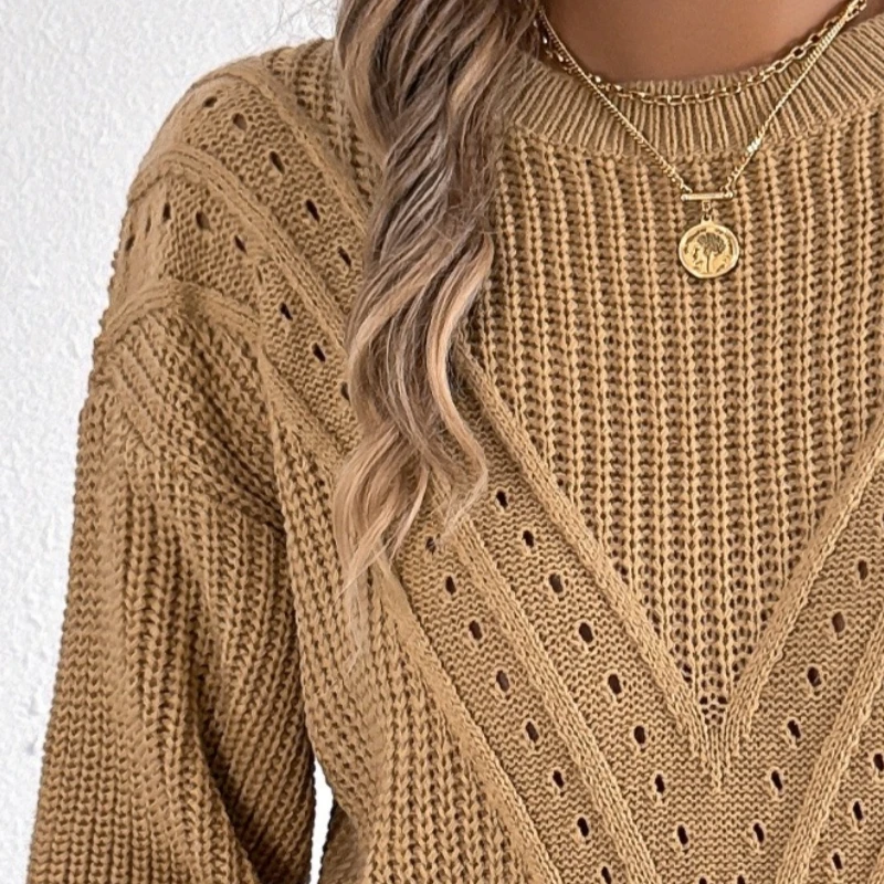 

V-shaped Knitted Sweater Pullovers Women Autumn Winter Solid Color Hollow Out Pullovers Female O-Neck Long Sleeve Jumpers Tops