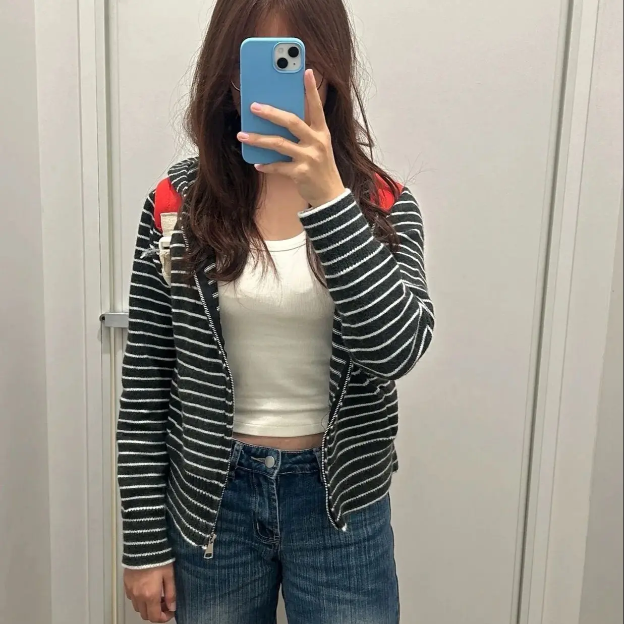 

Корейский шикарный полосатый кардиган с капюшоном Kimotimo для женщин, новая весенняя модель, приталенный свитшот на молнии, простой повседневный худи в стиле Y2K, эстетичный топ