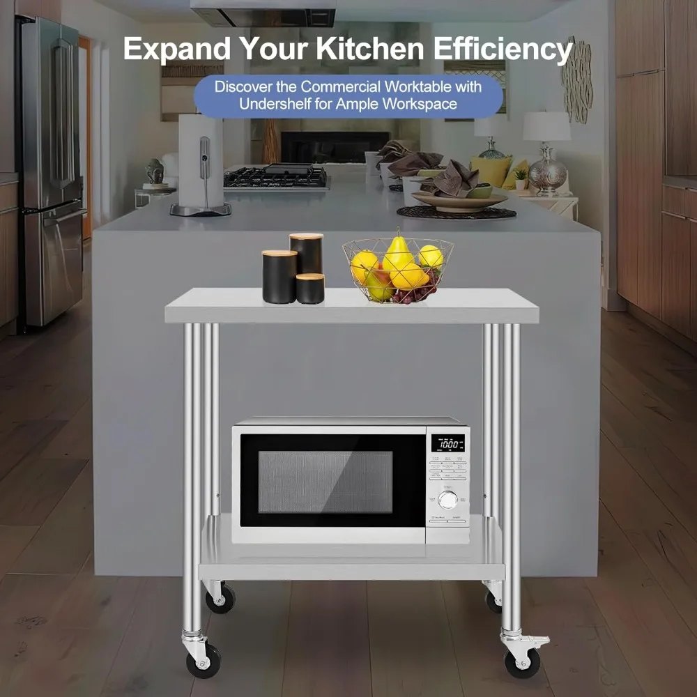 طاولة من الفولاذ المقاوم للصدأ مع عجلات، طاولة إعداد الطعام للمطبخ، طاولة معدنية تجارية شديدة التحمل مع قاعدة سفلية قابلة للتعديل