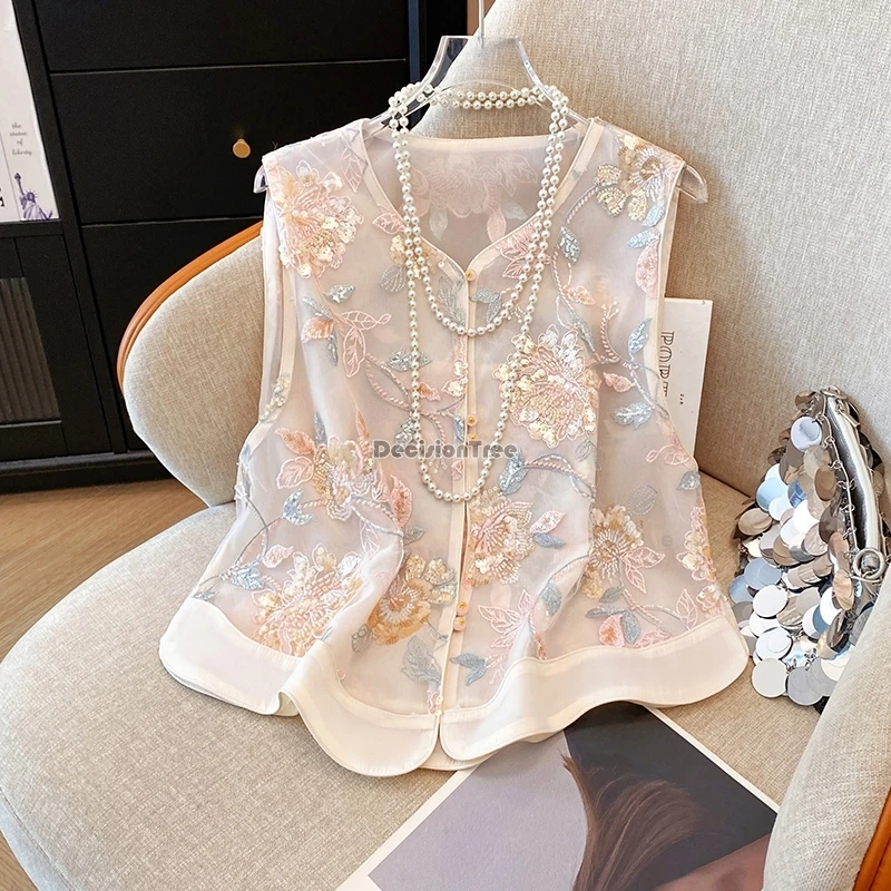 

2025 новый традиционный костюм Тан в китайском стиле, жилет, летний свободный модный жилет с блестками, без рукавов с вышивкой, женский жилет в стиле ретро t001