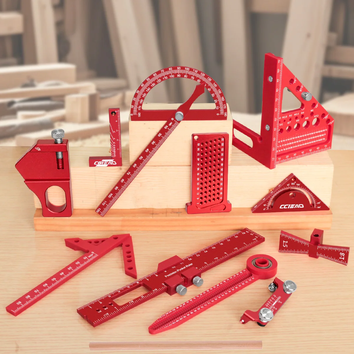 12Pcs Woodworking Layout Marking Gauge Kit, Aluminum & Plastic Multi-angle Carpenter Measuring Ruler Combination Carpenter Tools