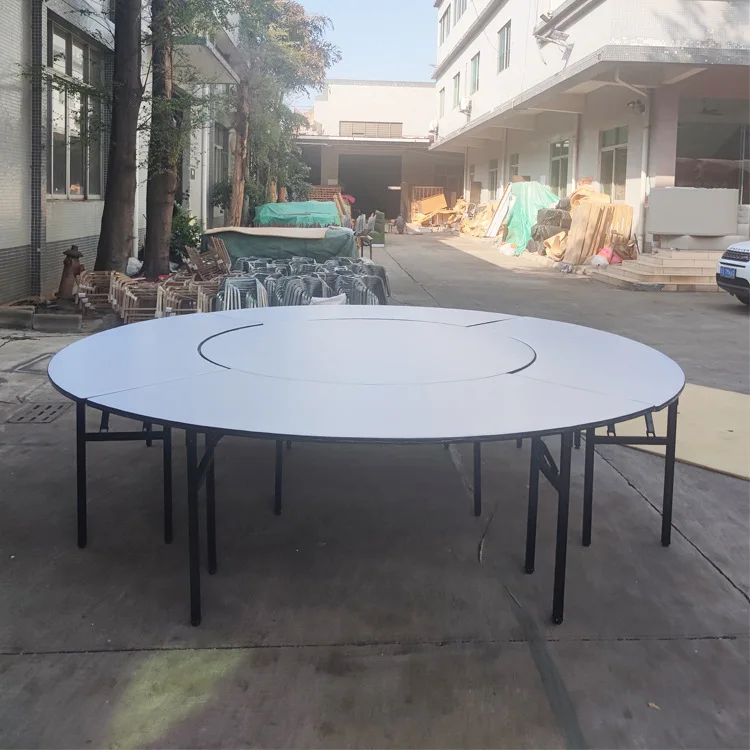 Factory hotel large round table PVC metal folding foot stall conference hall training banquet table with glass turntable