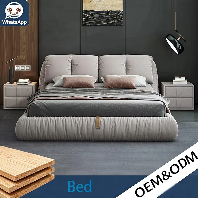 Modern Light Luxury Large Double Bed, Soft Flannel Padding Adjustable Eco Bed with Durable Solid Teak Wood Frame