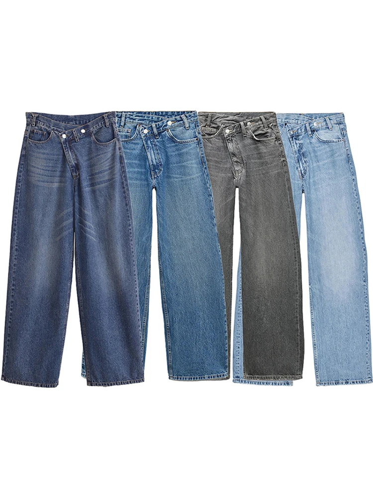 

Vintage Women's Solid Denim High Waist Wide Leg Jeans Pant With Chic Double-breasted Casual Simple Daily Trousers For Woman