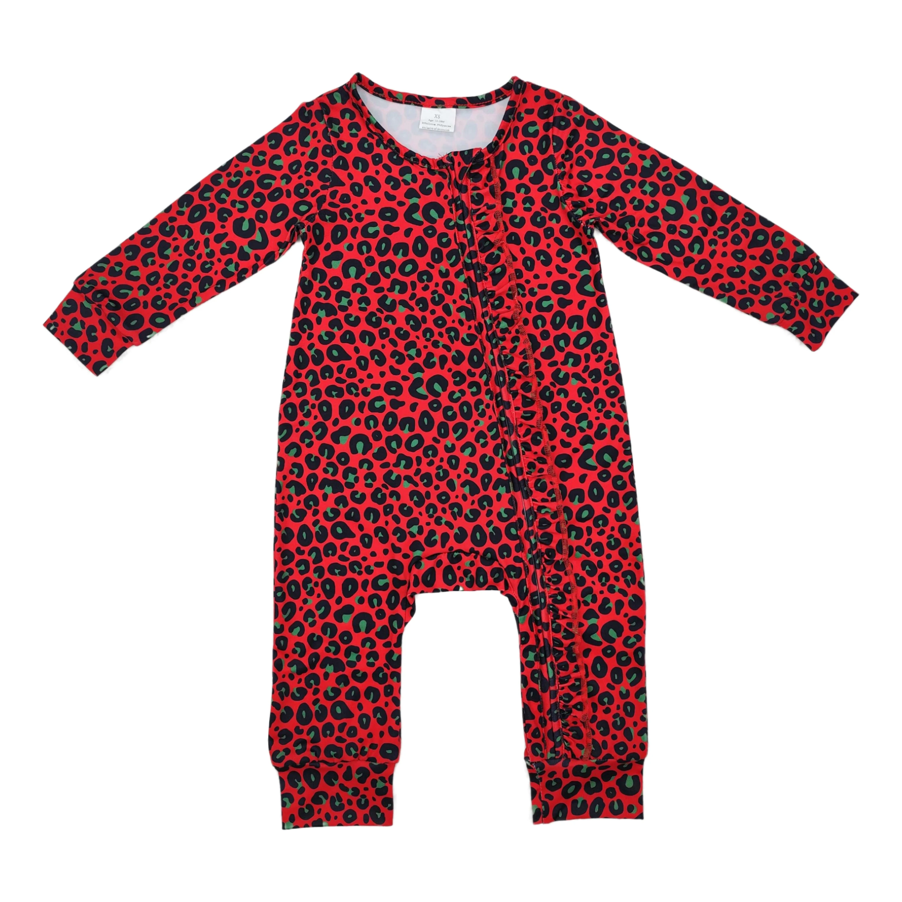 Wholesale Newborn Baby Girl Red Green Leopard Long Sleeves Zipper Jumpsuit Kids Children Toddler Spring Fall One-piece Romper