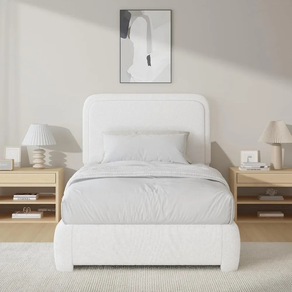Twin Size Bed Frame, Boucle Upholstered Platform Bed Frame with Headboard, Modern Style, Soft Rounded Corners, No Box Spring