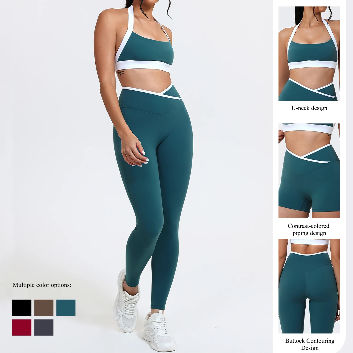 Women Summer Contrasting Sports Bra Shorts Set Female Two-Piece Set Running Shock-Absorbing Neck Hanging Underwear Yoga Set image 2