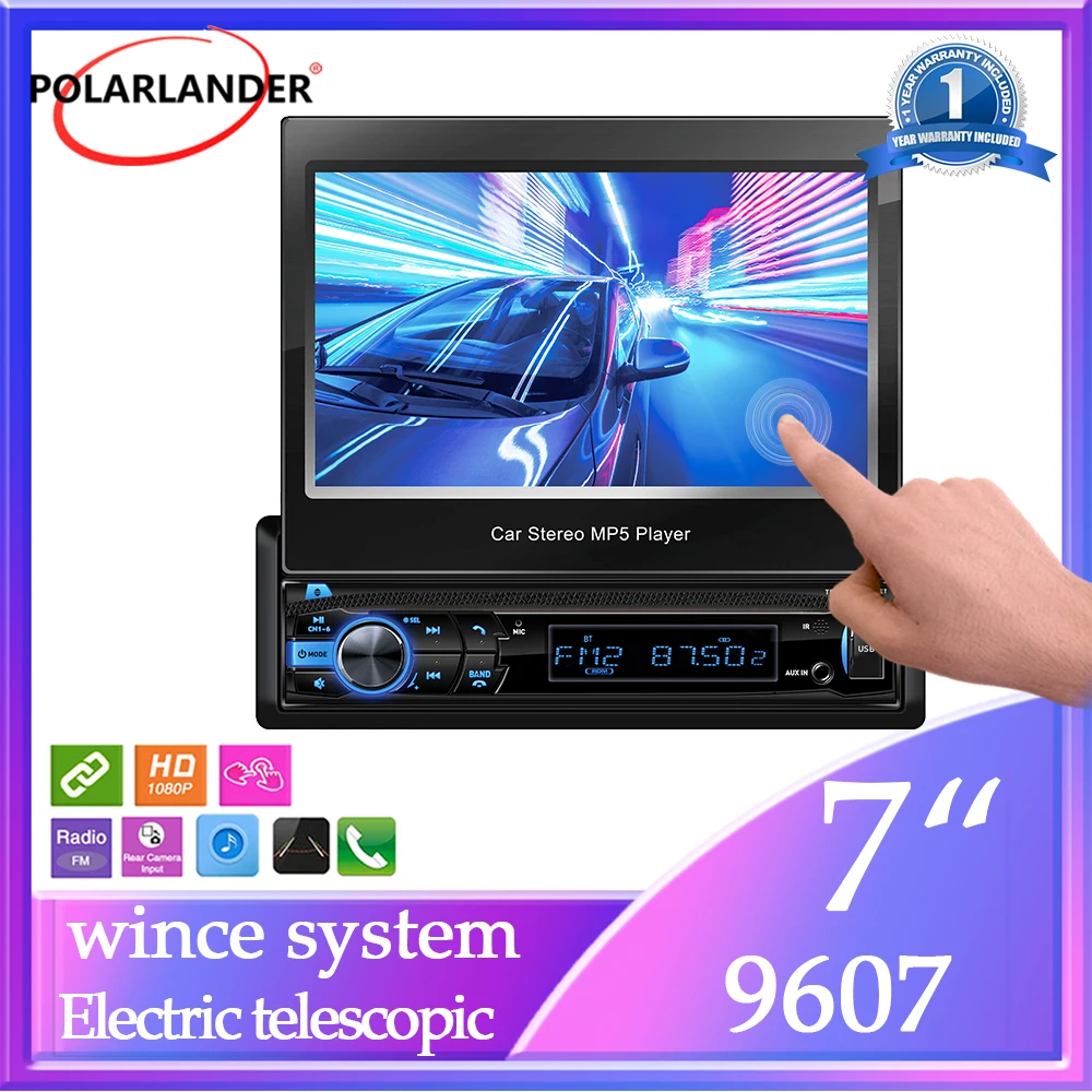 

Electric Telescopic Screen Single Spindle 9607 Car Bluetooth MP5 Player 7" Wince System