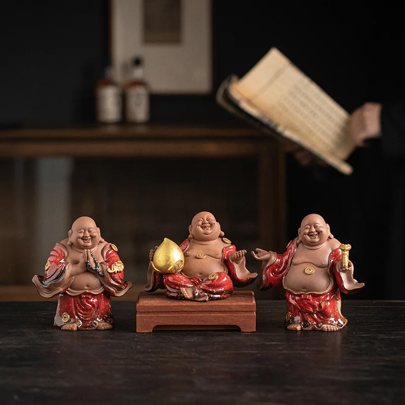 New Chinese Zen Purple Sand Fu Lu Shou Xi Cai Wufu Maitreya Decoration Home Living Room and Tea Room Antique Shelf Decorations