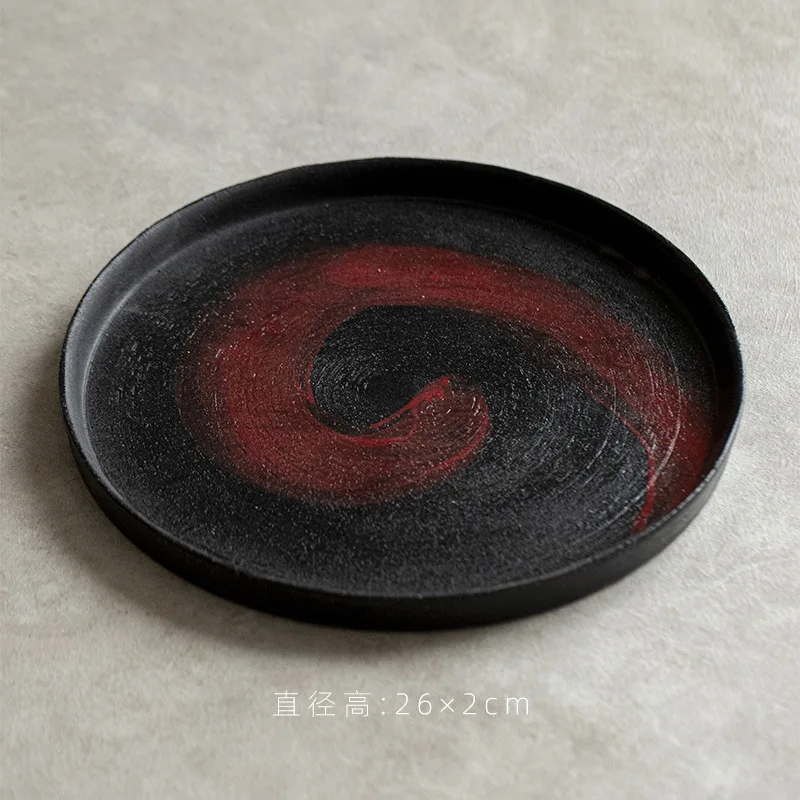 Ceramic Handmade Round Dry Brewing Tray, Household Tea Tray Set, Lacquered Red Tea Sea Table, Wabi Sandy Wind