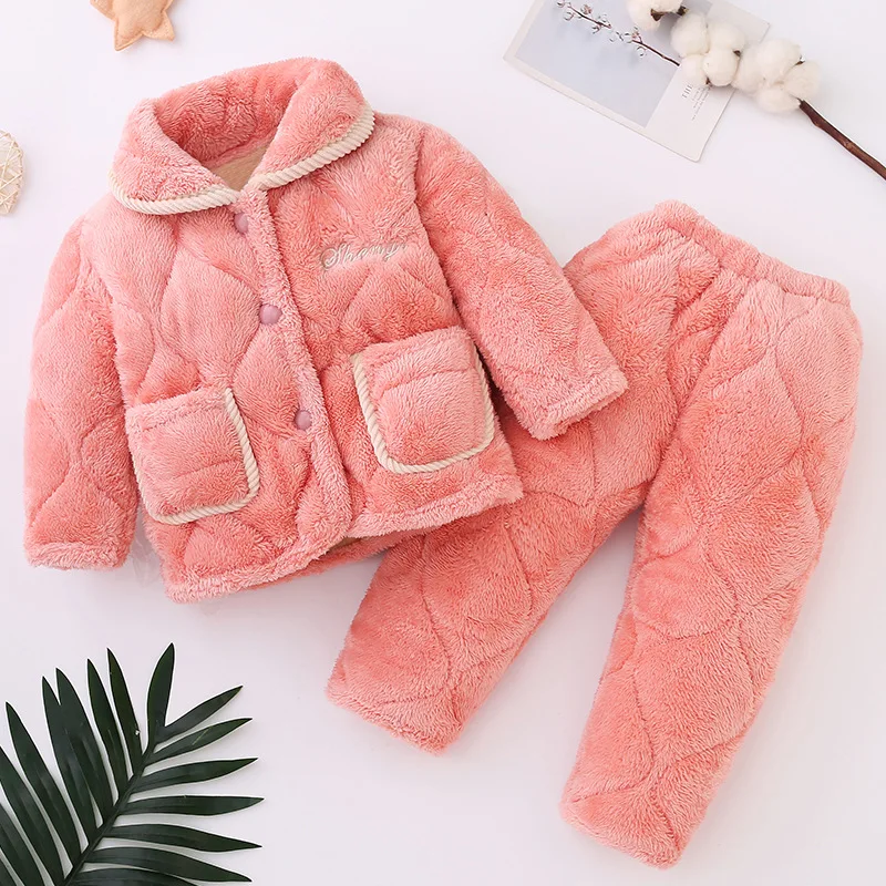 Cold Winter Baby Kid Pajamas Plus Velvet Thicken Girl Boy Homewear Thermal Underwear Three Layers Of Warmth Children Clothes Set