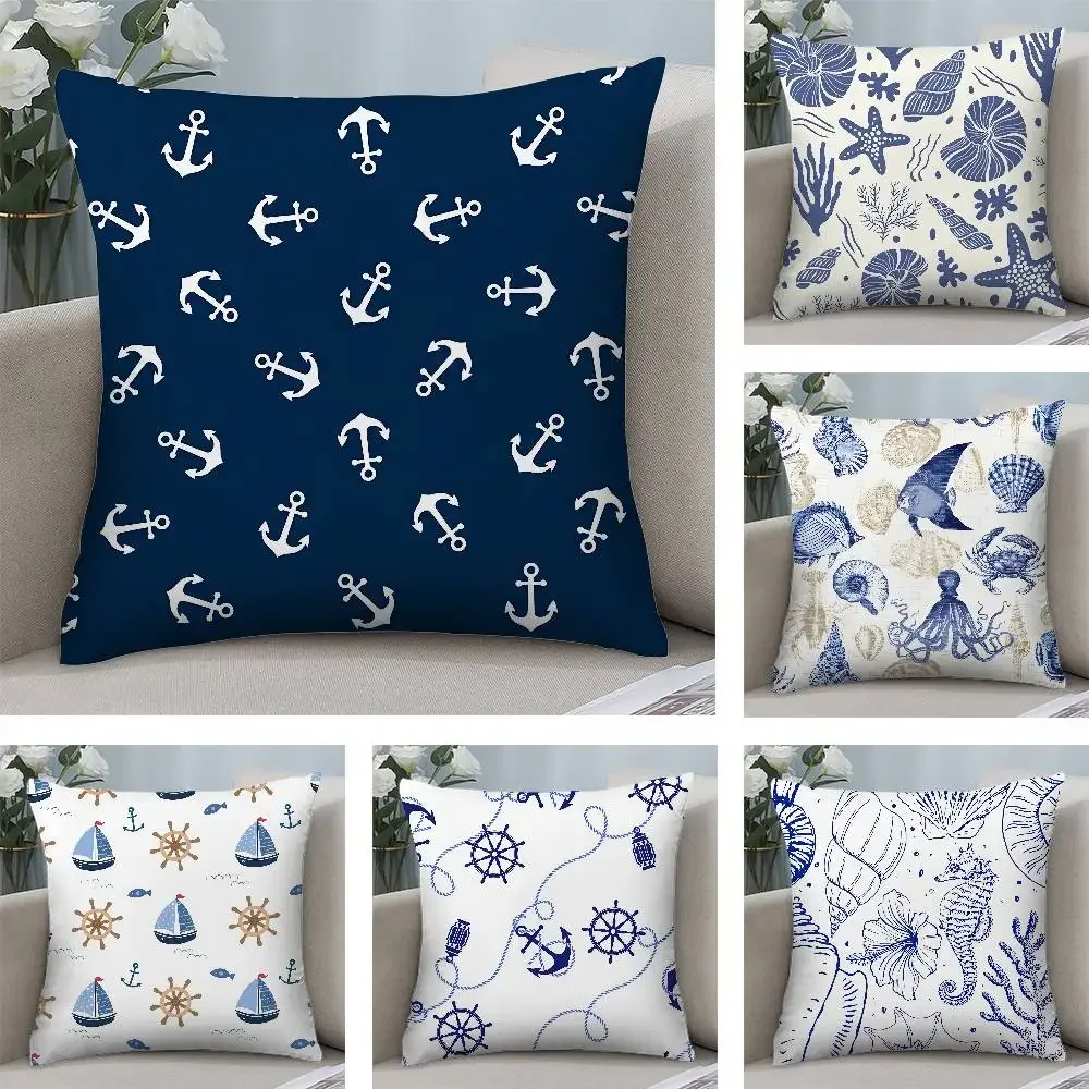 Blue Nautical Anchor Pattern Double-sided Printed pillow cover Short plush Suitable living rooms bedrooms throw cushion cover