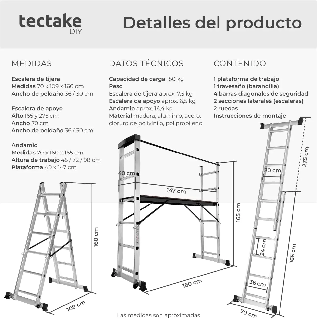 Escalera Telescópica Plegable de Aluminio Multiusos 4 en 1: Escalera Extensible, Escalera de Tijera, Andamio Sim