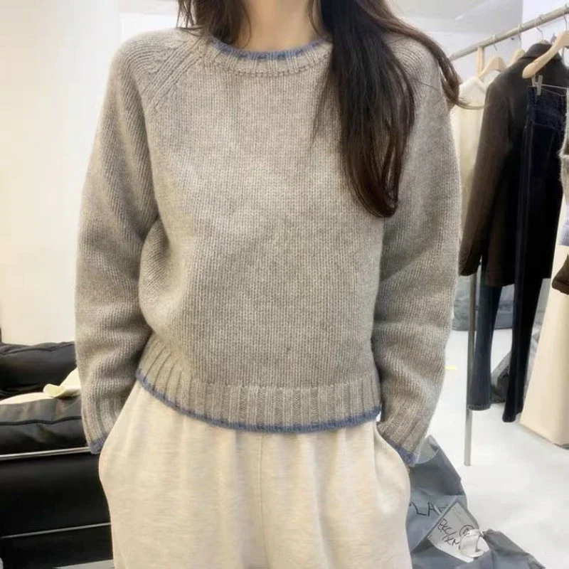 Sweter sweter z wełny damski pulower z okrągłym dekoltem sweter koreański pogrubiony luźny wełniany sweter sweter z wełny jesienno-zimowa dzianinowa