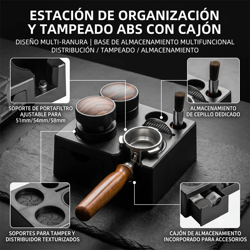 Base para prensar café en polvo, soporte para café en polvo. Se utiliza con portafiltros de café de 51, 53, 54 mm y 58 mm. Caja de almacenamiento multifuncional para máquinas de café. Accesorios para espresso. Estante para guardar herramientas de barista.