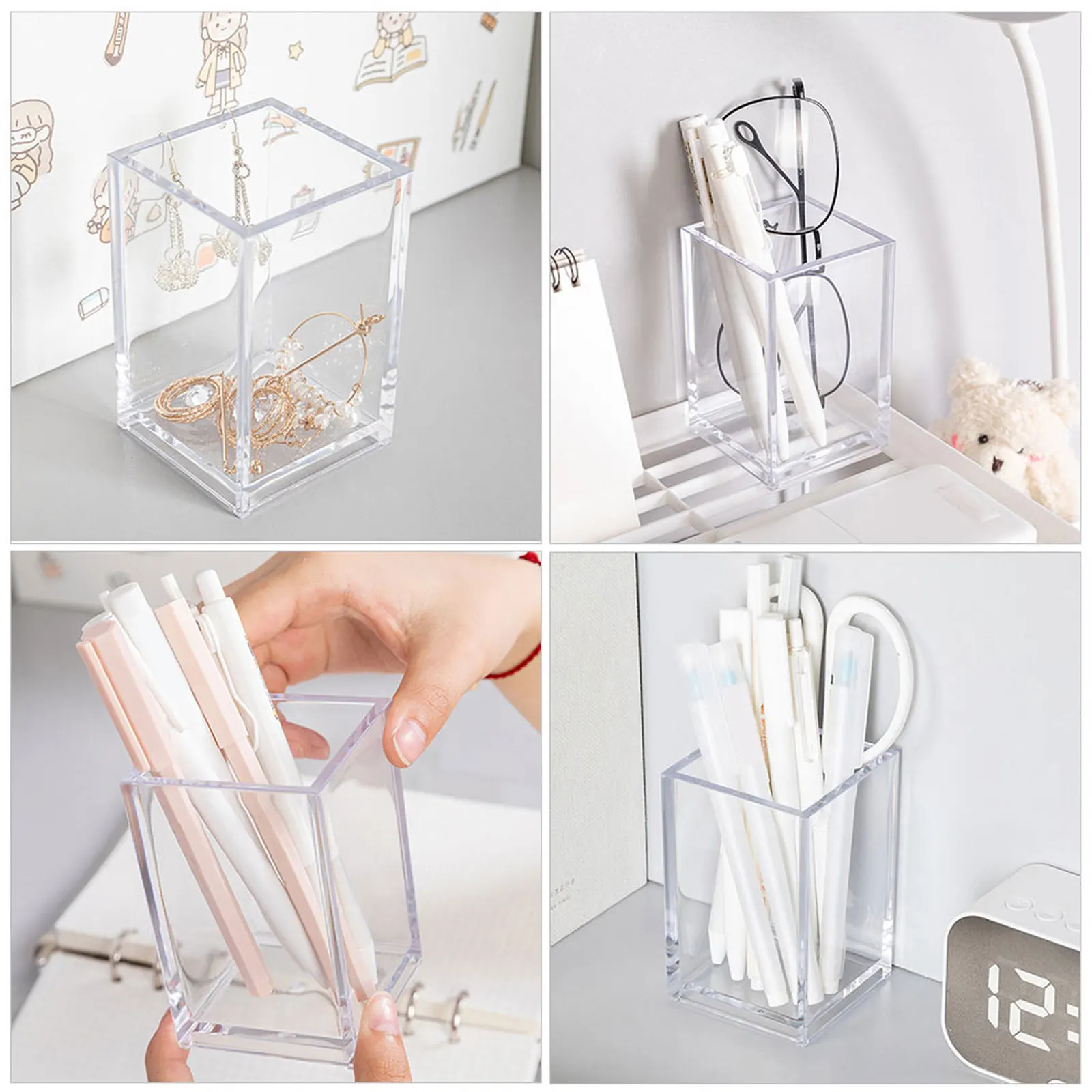 

1Pcs Transparent Square Pen Holder Desktop Storage Box Makeup Brush Container Large Capacity Storage Box Desktop