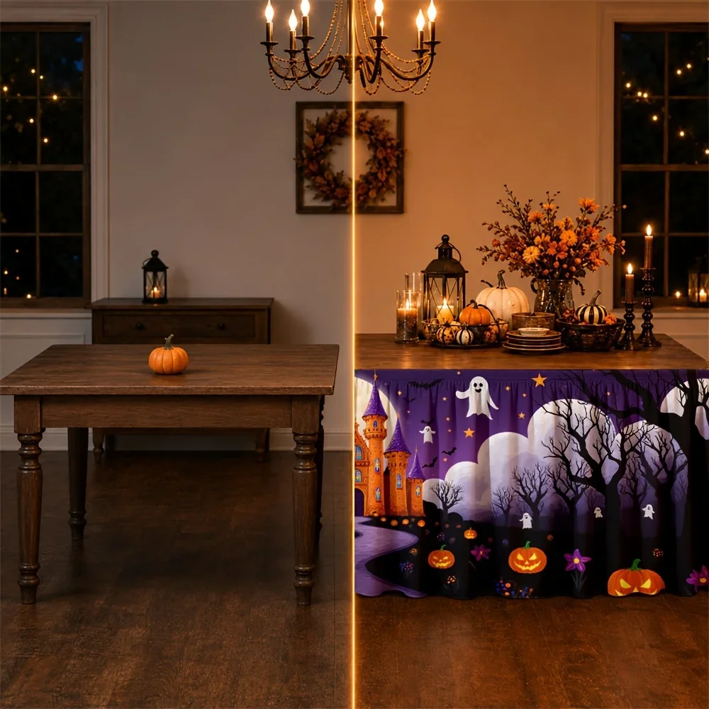 Halloween night, castle haunted house, forest, pumpkin lanterns, ghosts, bats, stars, autumn