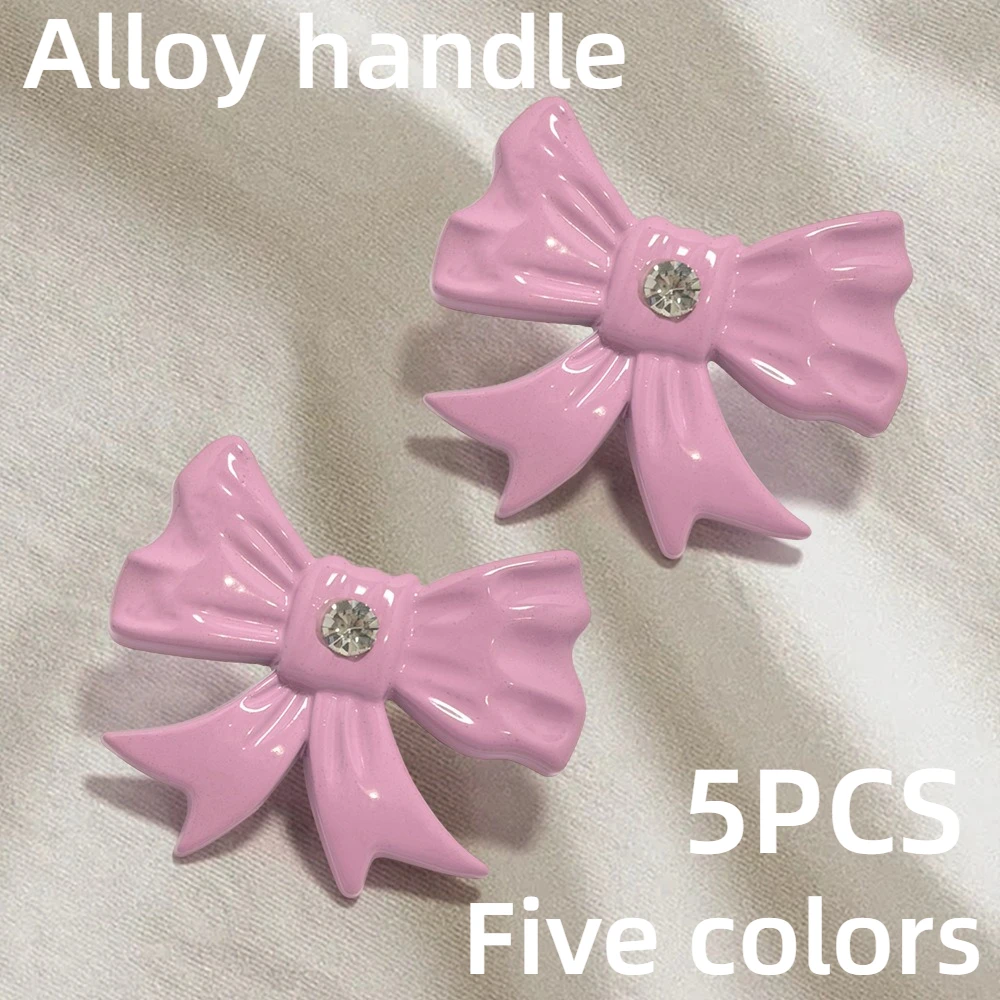 5pcs Cute 3D Bow Single Hole Cabinet Knob Colorful Diamond Inlaid Zinc Alloy Drawer Pull Handle Decorative Furniture Hardware