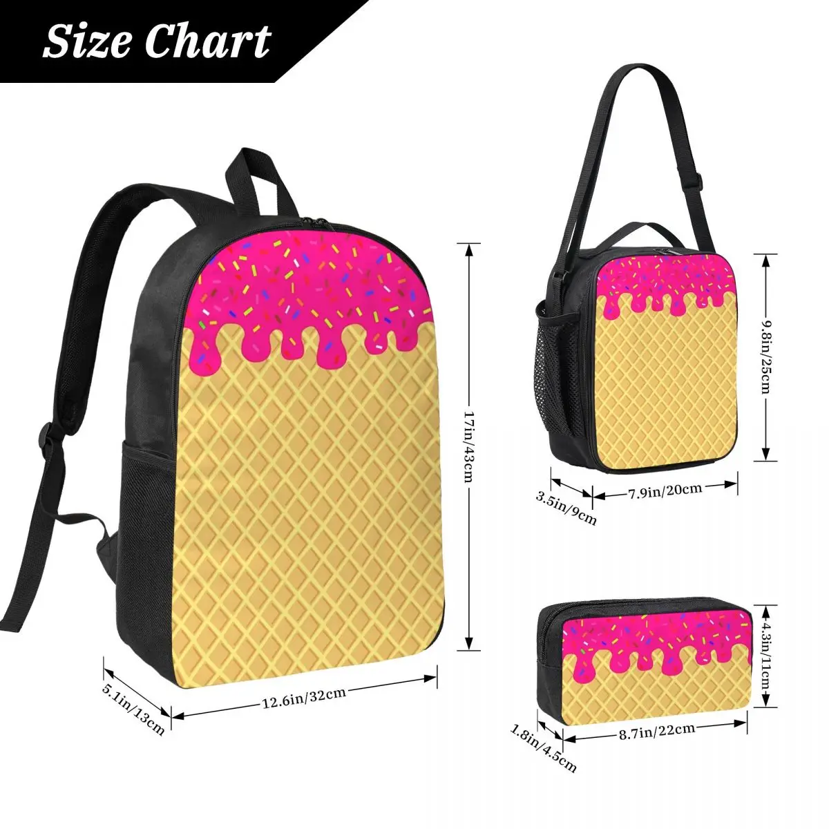 STRAWBERRY Ice Cream Waffle Cone Backpack Student BookBag School Bag Laptop Shoulder Bags 3ps Insulated Lunch Bag Pencil Case