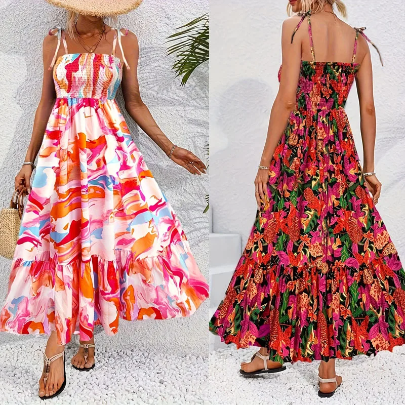 Sommer bedrucktes, florales, langes Hosenträgerkleid, 2025, Sommer, rückenfrei, Urlaubsstil, lässiges Modekleid für Frauen