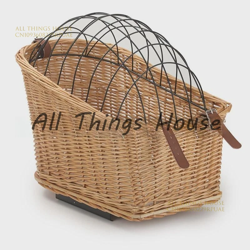 

Rattan Pet Cage Basket Storage with Iron Cover Pet Dog Cage Storage Rear Basket Woven Bicycle Frame