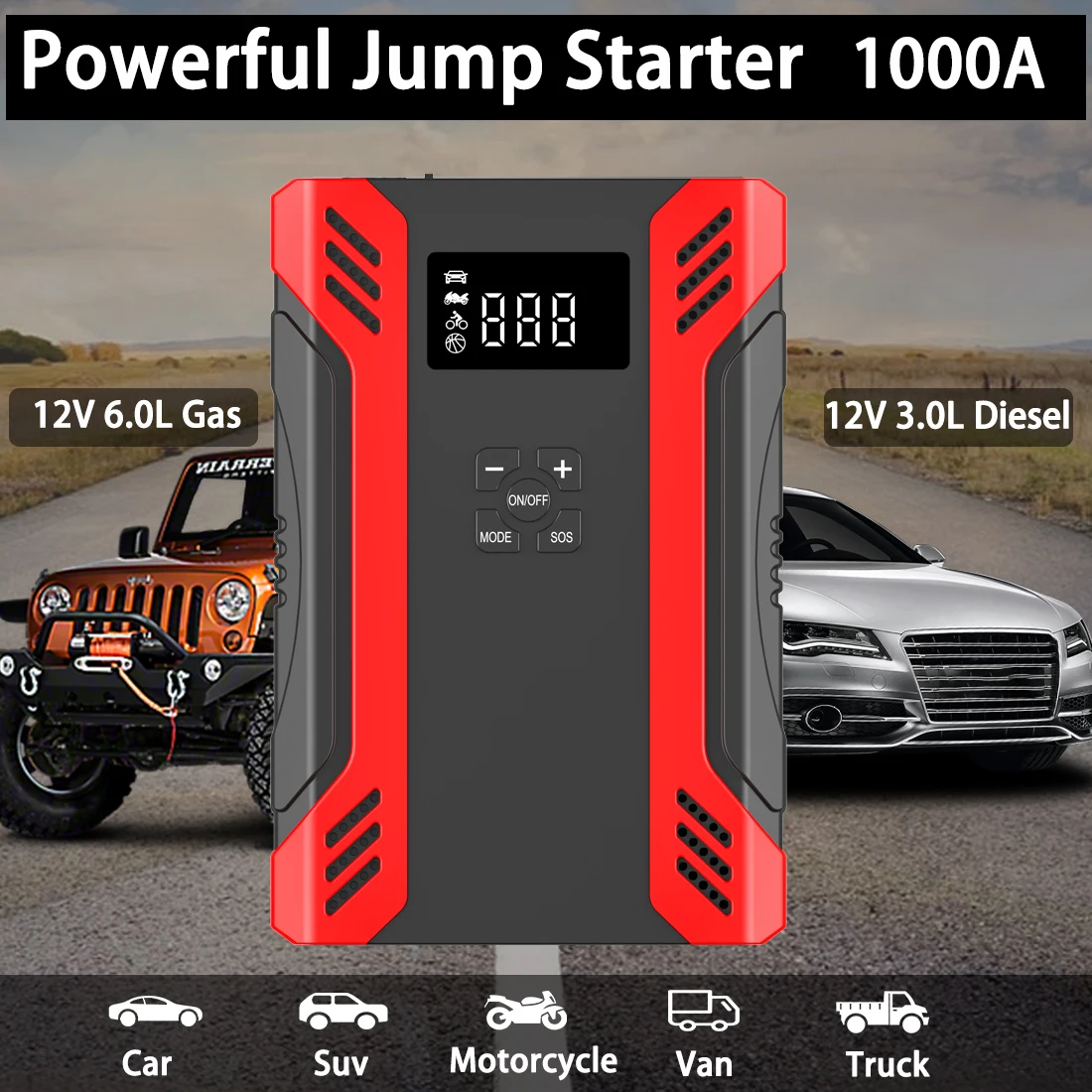 12v Portable Motorcycle/Car Jump Starter Tyre Pump Air Compressor 10000mAh Grade High Rate Lithium Polymer Battery 1000A Peak