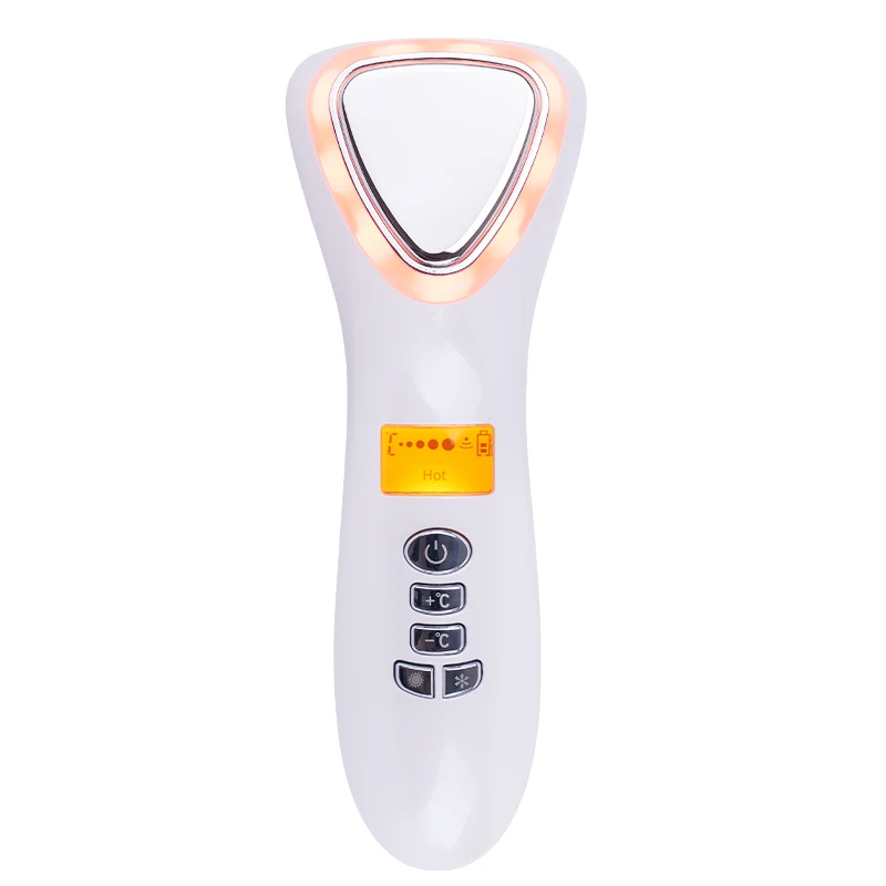 Urządzenie do pielęgnacji skóry z funkcją ciepłego i zimnego kompresowania, wibracjami sonicznymi, światłem czerwonym i niebieskim, poprawiające matowość, oczyszczające pory i wygładzające skórę.