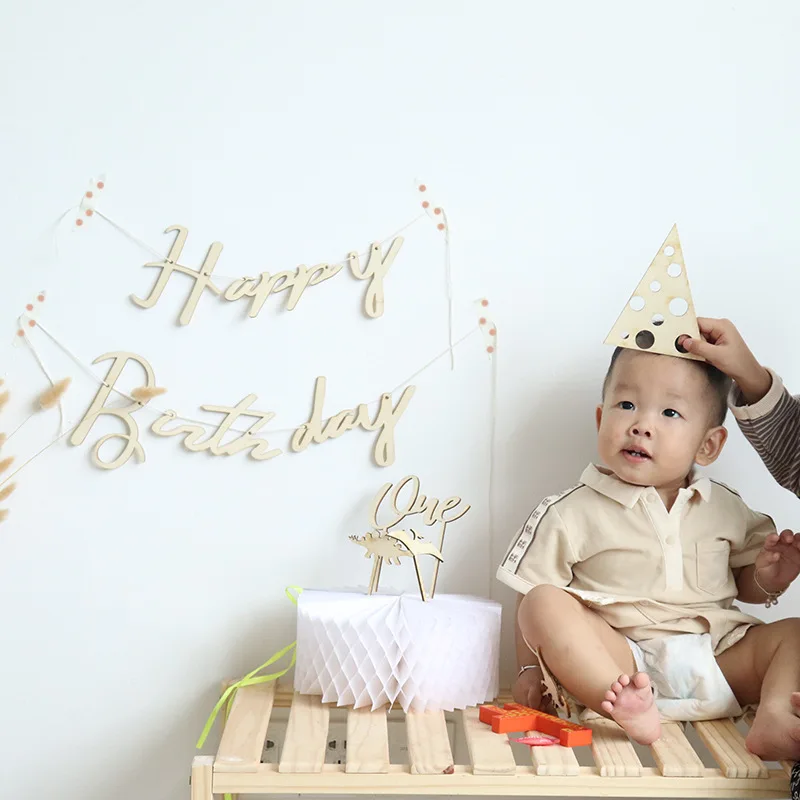 1 Set INS Wooden Happy Birthday Banners Garland Flags for Birthday Party Decoration Baby Shower Photo Booth Hanging Decoration