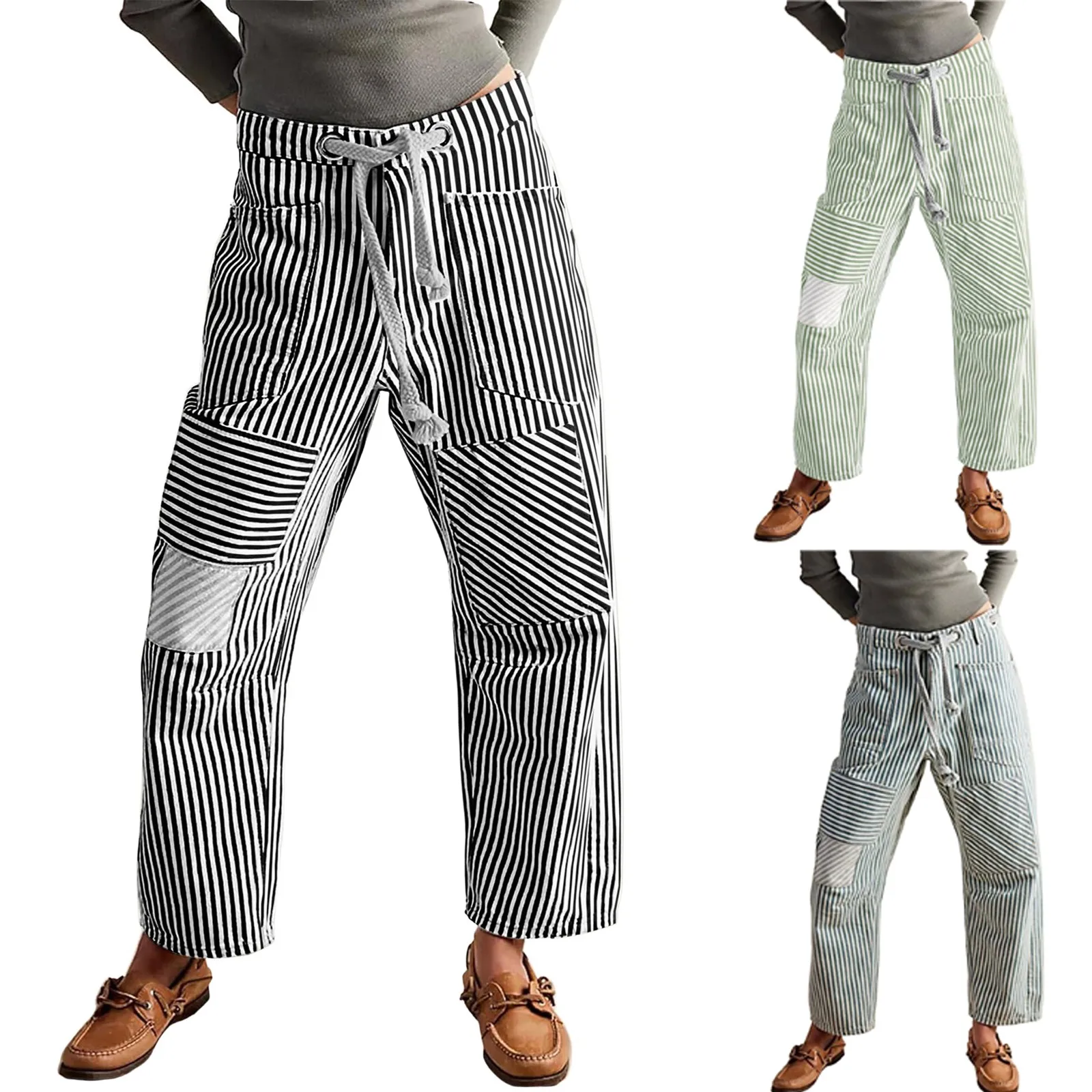 

Female Casual and Versatile Striped Loose Jeans Wide Leg Waist Denim Pants New Fashion Cropped Drawstring Trousers