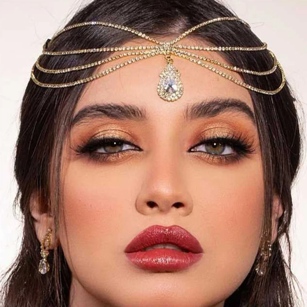 Bohemian Crystal Headpiece Layered Droplet Rhinestone Forehead Chain for Bridal Festival Hair Accessories Elegant Boho Design