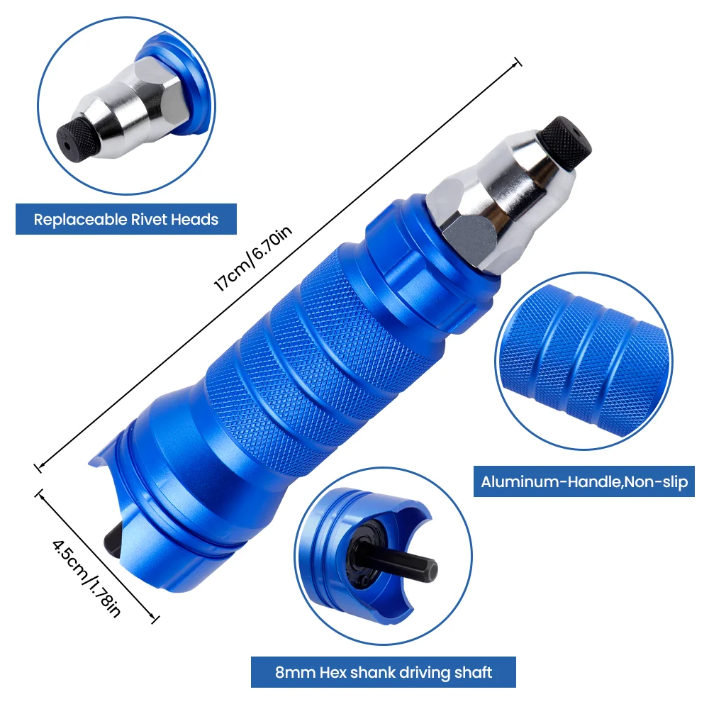 2.4/3.2/4.0/4.8/6.4mm Electric Rivet Gun Converter, Aluminum Alloy Rivet Gun, Pull Rivet Tool, Household Cordless Rivet Gun