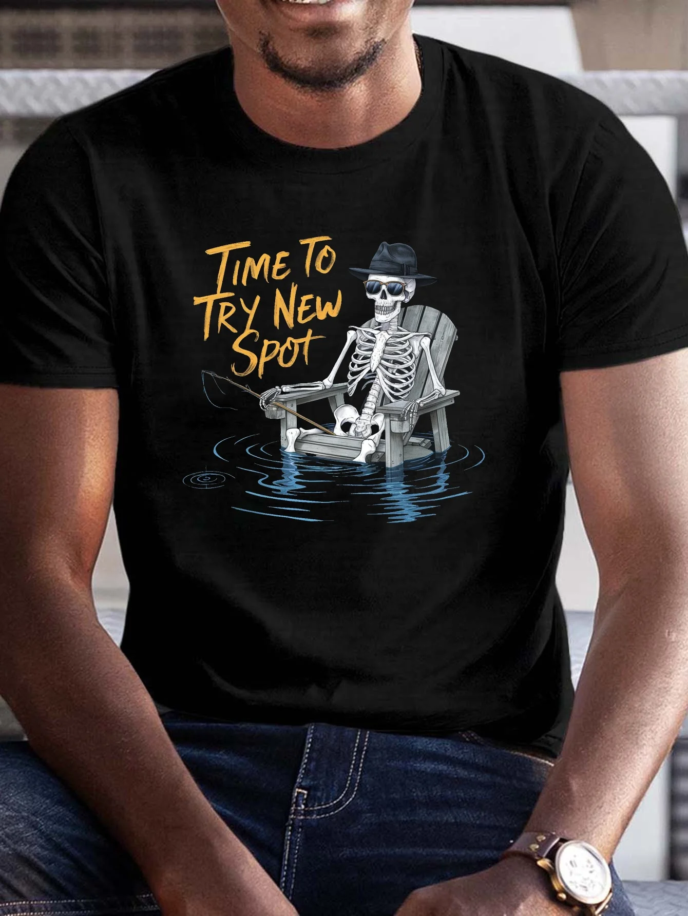 Plus-Size Men's Casual Short-Sleeve T-Shirt with Skull Fishing Print, Perfect for Summer Wear and Everyday Activities, Designed for Tall Individuals, Extra Large Size