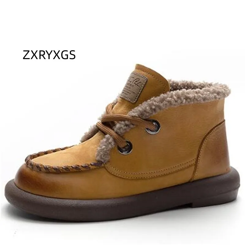 ZXRYXGS Top Cowhide Winter Leather Boots Flat Shoes Woman Snow Boots 2025 Winter Comfort Warm Lamb Wool Boots Flat Roman Boots