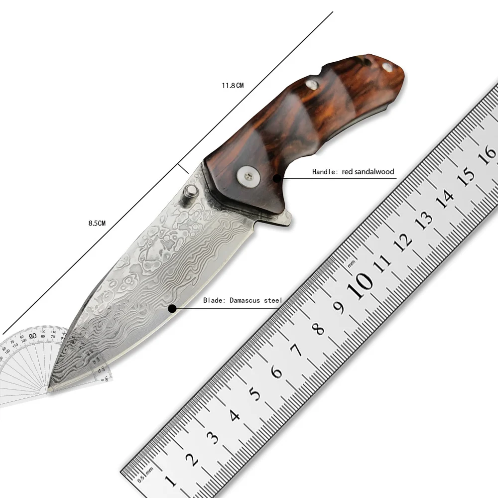 2024 Tactical Red Eagle Folding Knife With Sheath Damascus Steel Blade Red Sandalwood Handle Pocket Tools Hunting EDC Knives