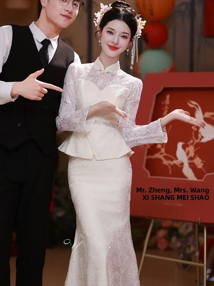 

Ele Chinese Sle Qipao Wedding Dr Long Sve Fi Tail Lace Evening Gown for Engagement And Wedding Celebration