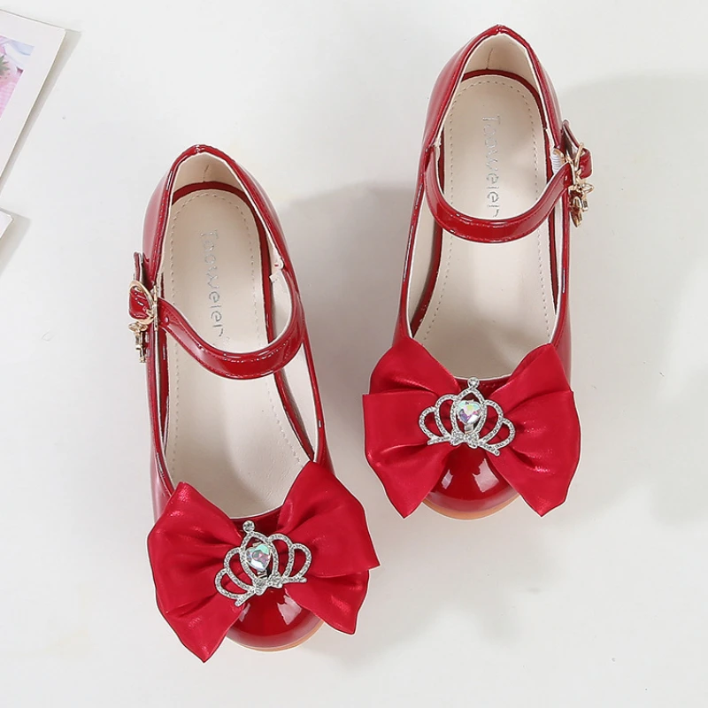 Elegant Children Girl Dance Dress Shoes Fashion Crown Bowknot Kids Leather Shoe Spring Wedding Princess High-heels Single Shoes