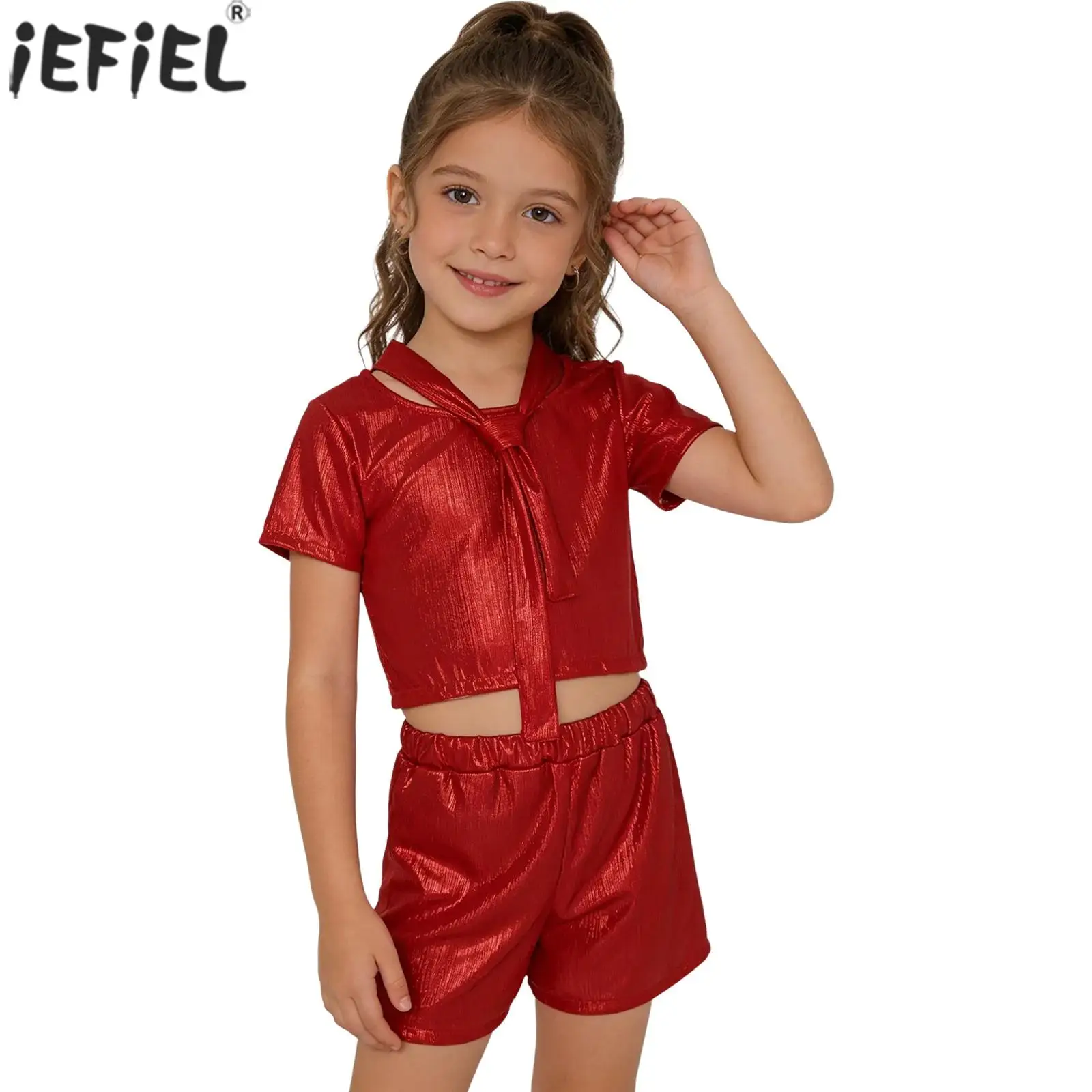 Kids Boys Girls Metallic Glossy Hip Hop Jazz Dance Clothes Outfit Short Sleeve Necktie T-shirt with Shorts Sportswear Streetwear