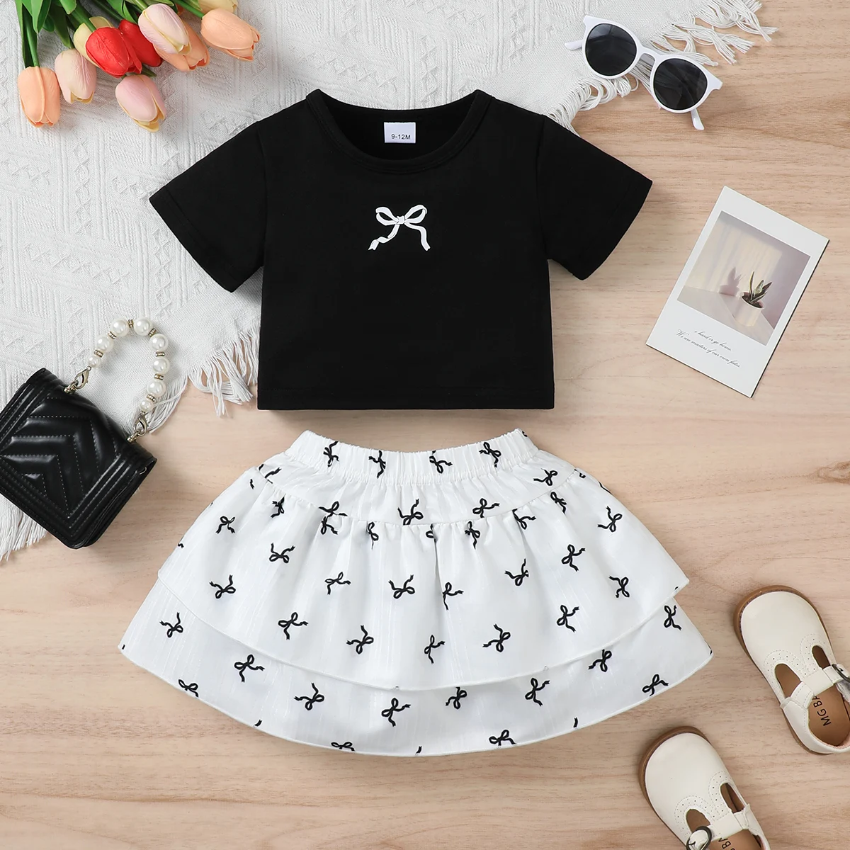 0-3 Year Baby Girl Set Round Neck Bow Print Short Sleeved Shirt + Double-layer Skirt Set, Toddler Summer Fashion Set Baby Clothi