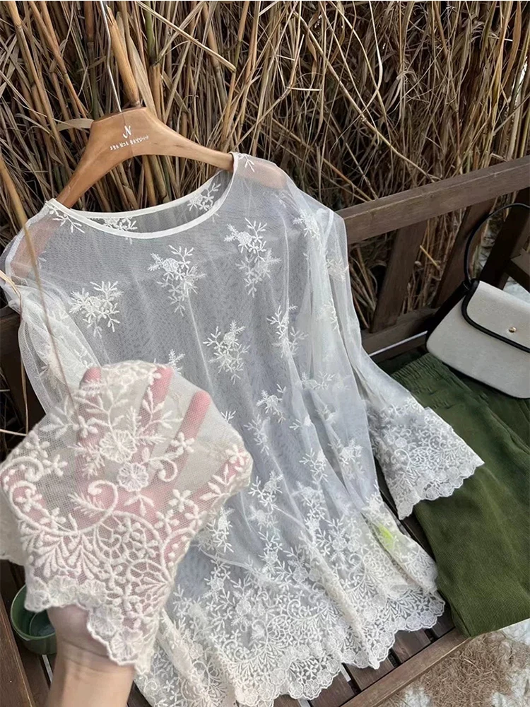 

Early Autumn New Sle Pear Blossom Lace Trim Hollow out Long Sve Knitted Top Women's Sweet Base Layer Loose Fit Fem irt