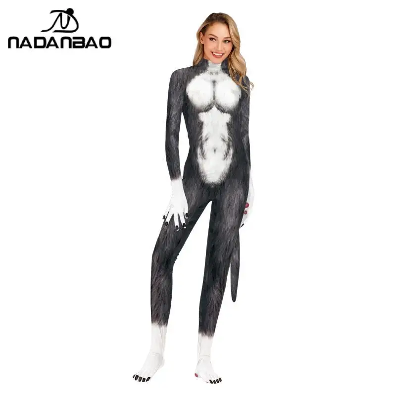 NADANBAO Creative Cosplay Animal Huskies Catsuit Costumes Man Women Full Cover Elastic  Halloween Bodysuits Zentai with tail