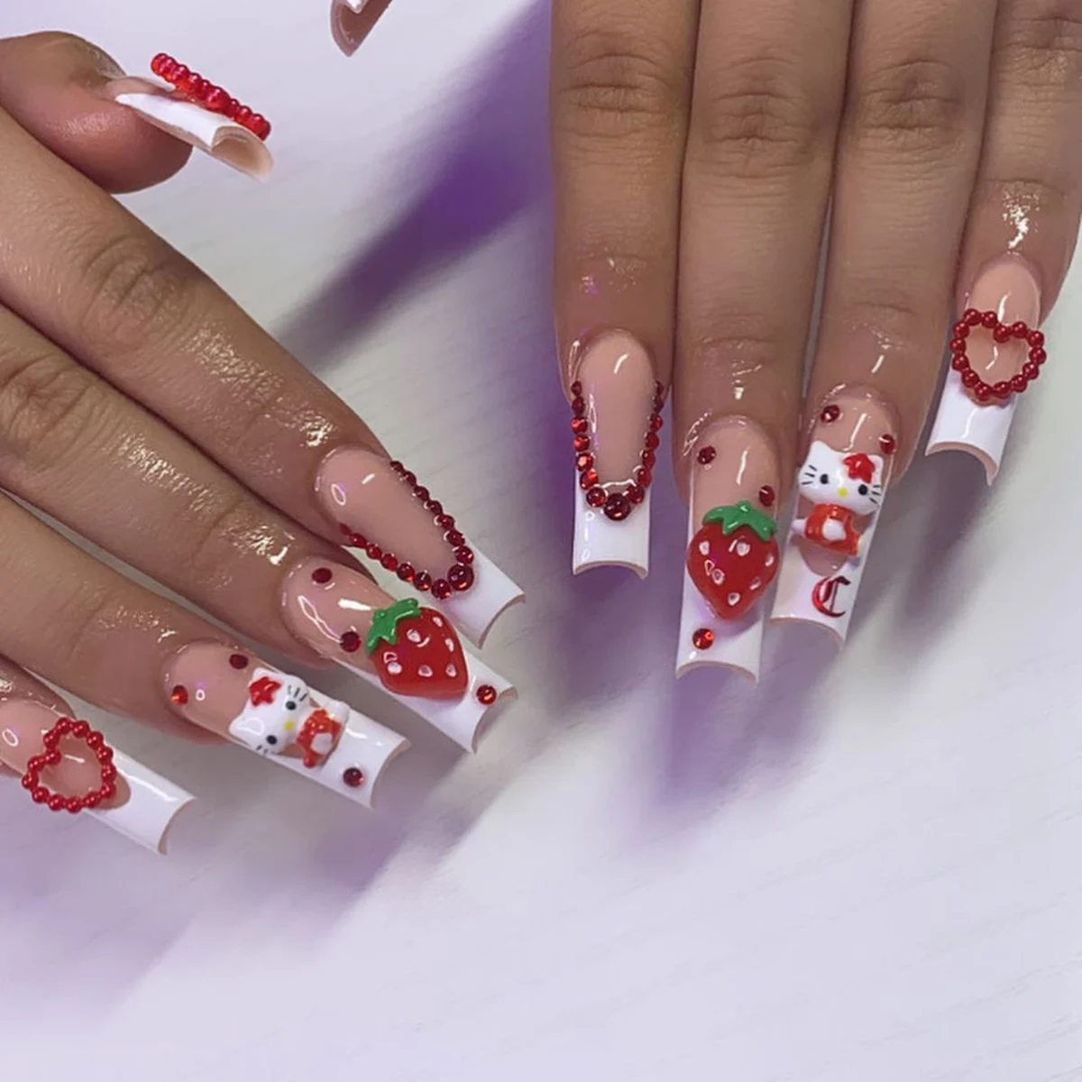 

24 Long Square Armor White French Side Sanrio Cute Hello Kitty Drill 3d Strawberry Drill Red Flash Drill Red Pearl Drill Wear