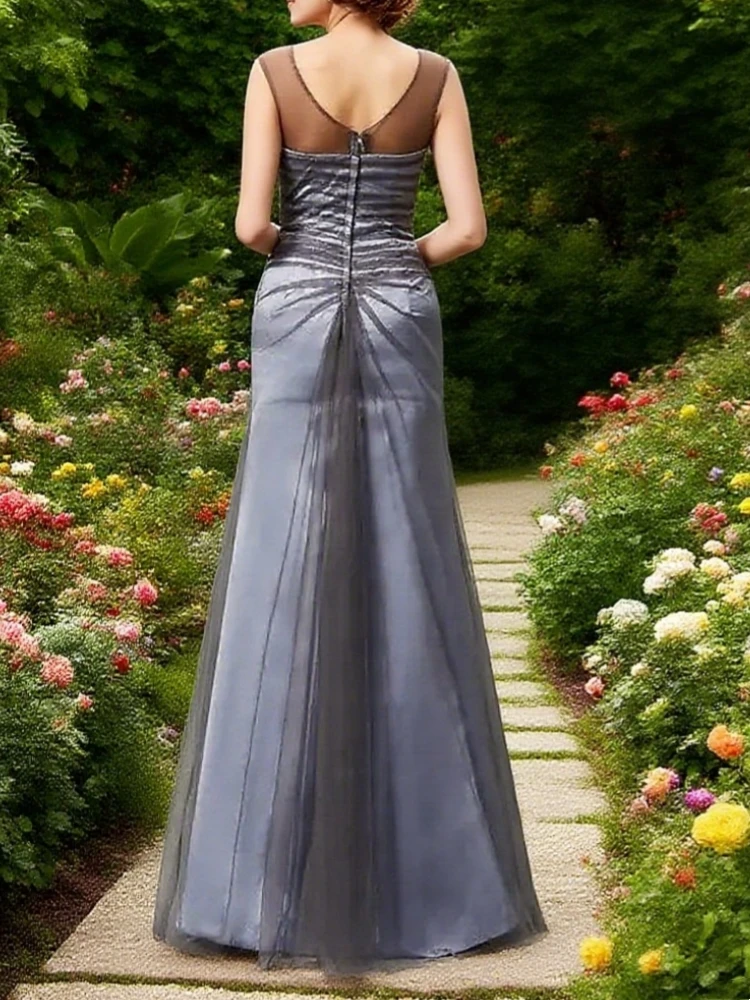 Vestidos grises personalizados para madre de la novia, mangas casquillo de sirena, satén con cuentas de talla grande, vestidos largos para madres y novios para boda