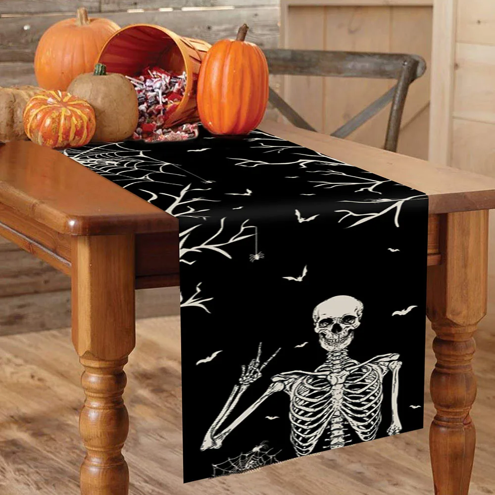 Ourwarm Halloween Table Runners Cotton Skull Themes for Party Decor Festival Dining Table Flag 13x72 Inch