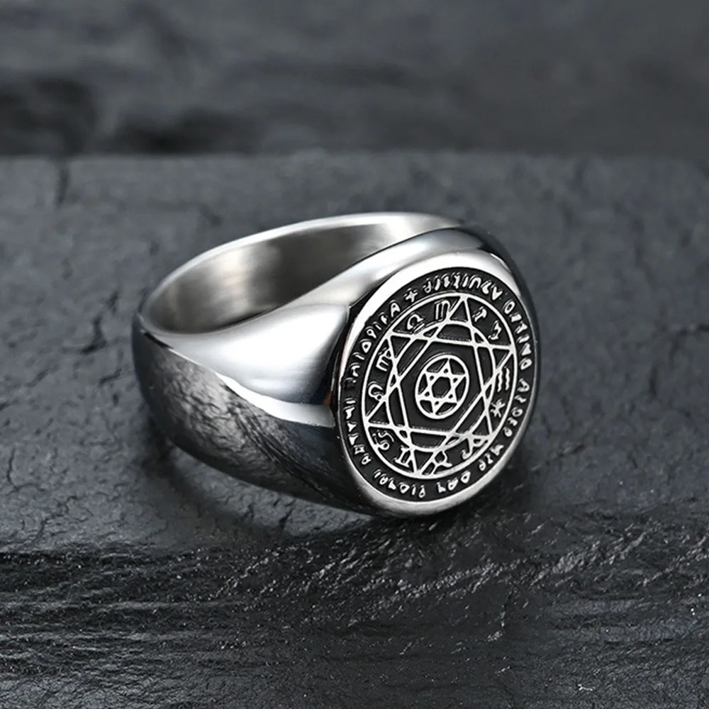 Pentagram of Solomon Rings for Men Patron Saint Ring Archangel Raphael Sigil Divine Healer Stainless Steel Male Jewelry