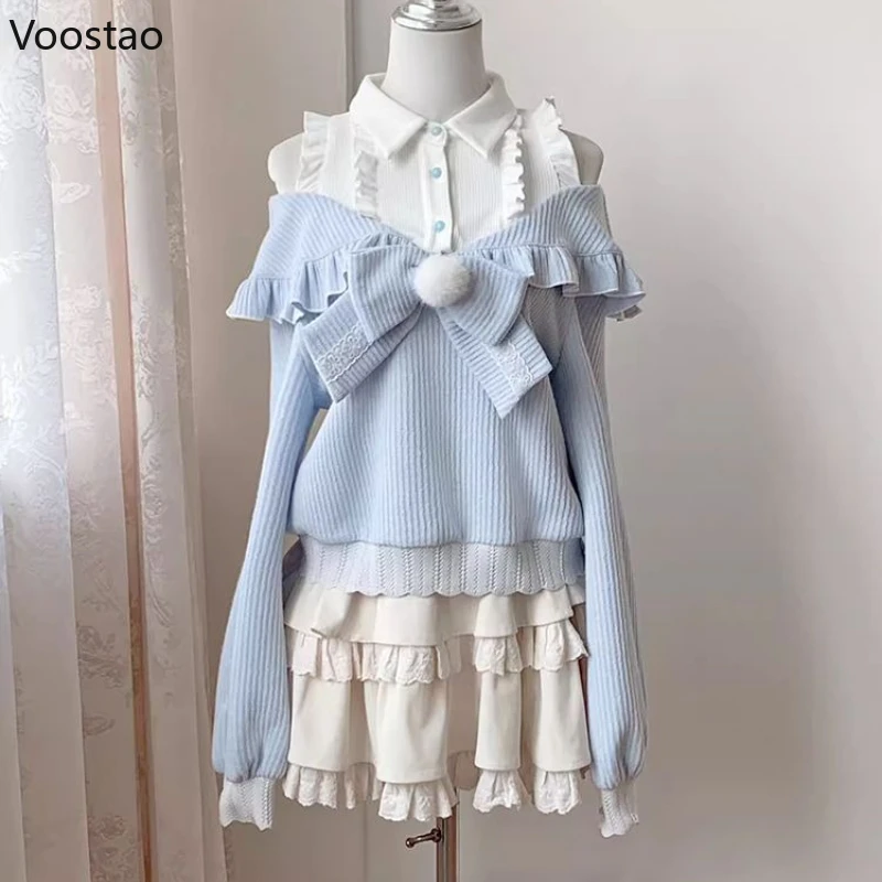 

Kawaii Lolita Style 2-х предметный комплект, женский милый вязаный свитер с бантом, топы, кружевные мини-юбки с тортом, женский осенний костюм Harajuku Y2k