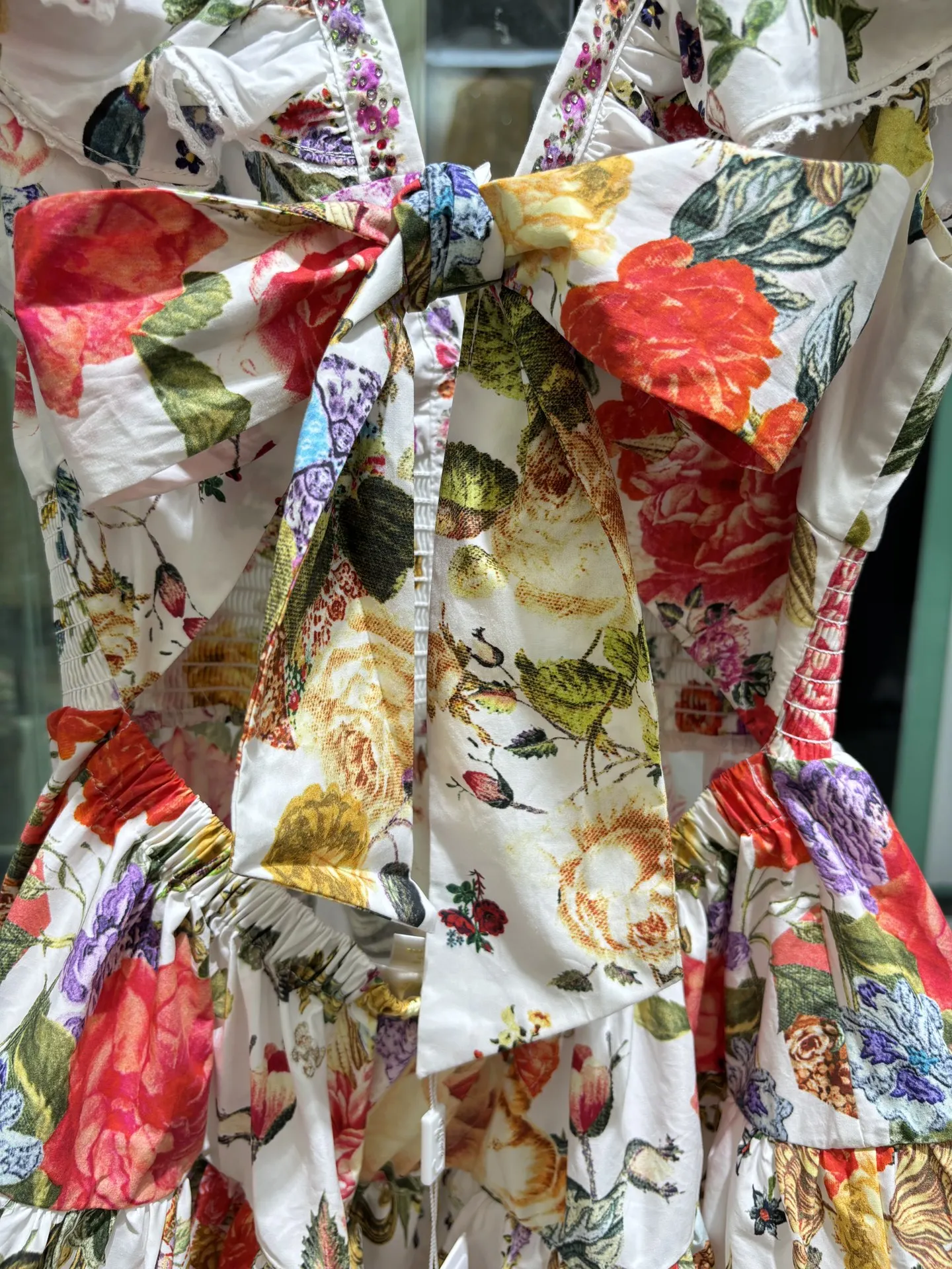 Women Flower Printed V-Neck Bow Decoration Flying Sleeve Mini Dress